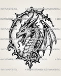 Medieval dragon head tattoo stencil with horned dragon face, open jaw, sharp teeth, visible eye, scale texture, wing detail, and pointed gothic frame