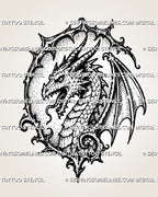 Medieval dragon head tattoo stencil with horned dragon face, open jaw, sharp teeth, visible eye, scale texture, wing detail, and pointed gothic frame