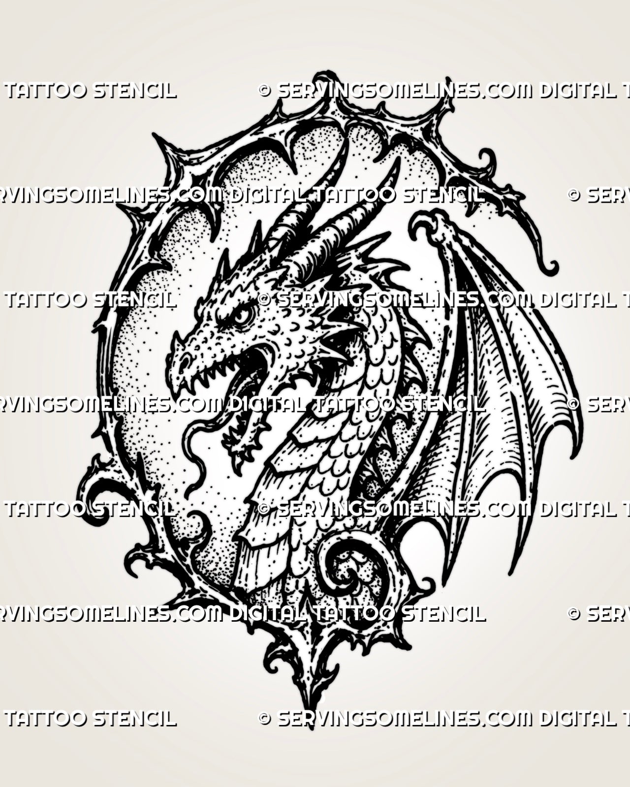 Medieval dragon head tattoo stencil with horned dragon face, open jaw, sharp teeth, visible eye, scale texture, wing detail, and pointed gothic frame