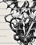 Close-up of the medieval dragon slayer design showing sword detail, gothic wings, dragon head, shaded texture, and dark fantasy linework