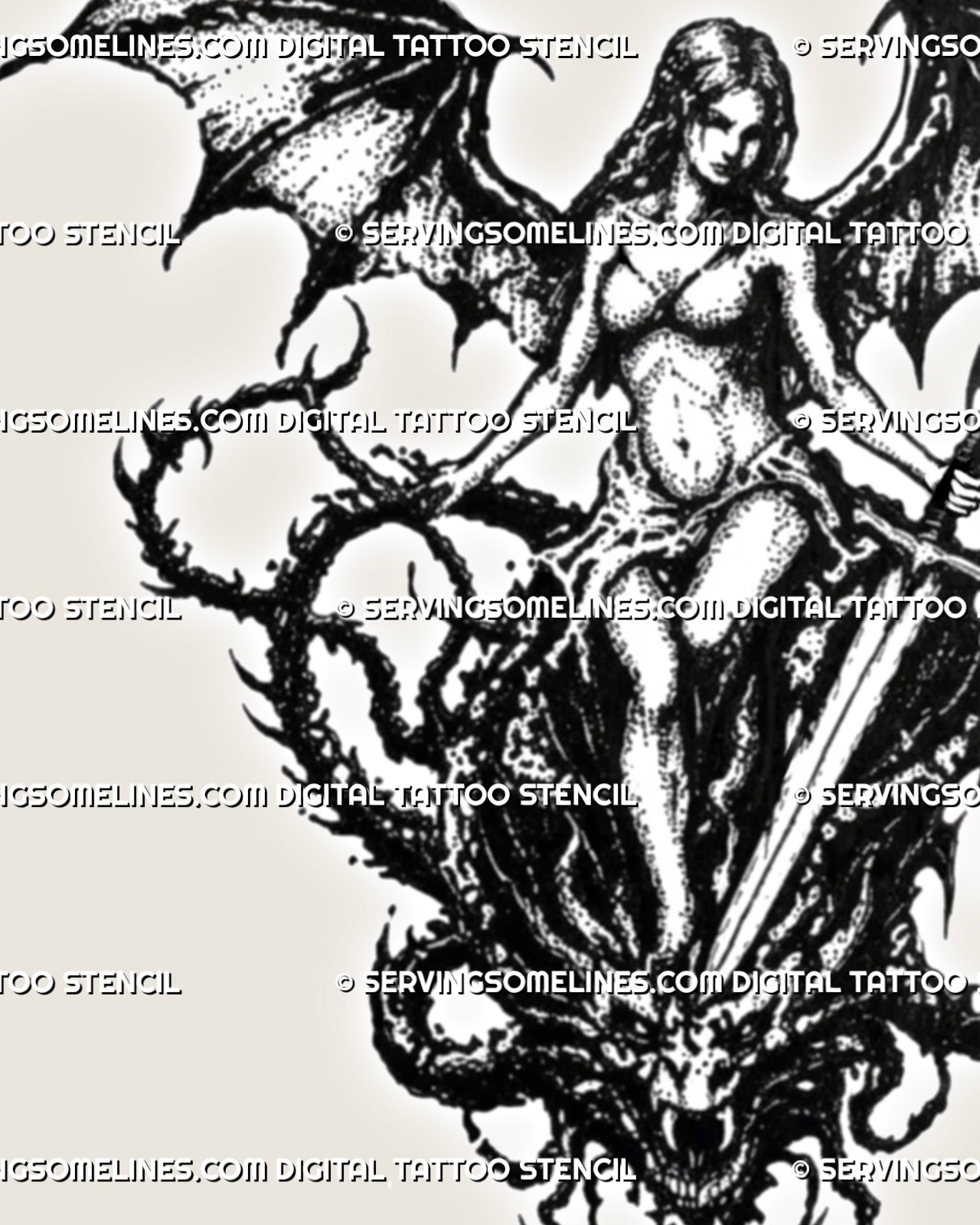 Close-up of the medieval dragon slayer design showing sword detail, gothic wings, dragon head, shaded texture, and dark fantasy linework