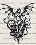 Medieval dragon slayer tattoo stencil with winged female warrior, sword detail, slain dragon head, gothic wings, and dark fantasy blackwork texture