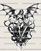 Medieval dragon slayer tattoo stencil with winged female warrior, sword detail, slain dragon head, gothic wings, and dark fantasy blackwork texture