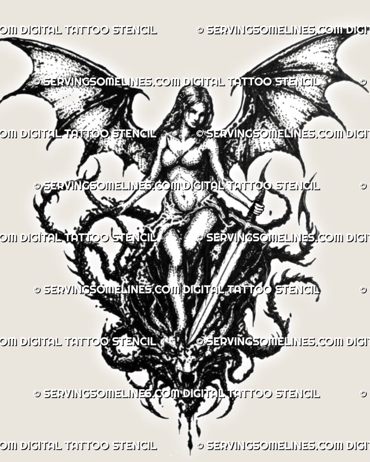Medieval dragon slayer tattoo stencil with winged female warrior, sword detail, slain dragon head, gothic wings, and dark fantasy blackwork texture