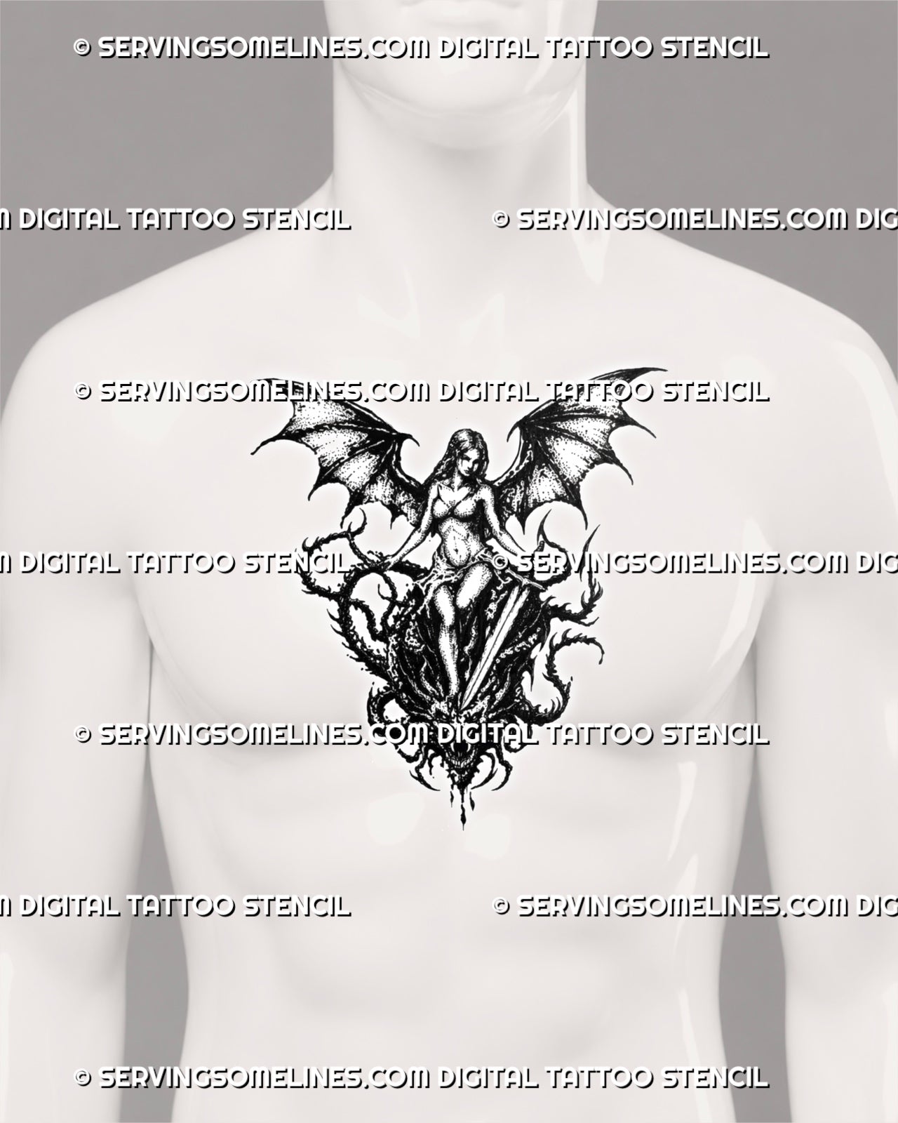 Medieval dragon slayer tattoo stencil shown on men’s chest and sternum with centered sword, wide gothic wings, and dragon head detail