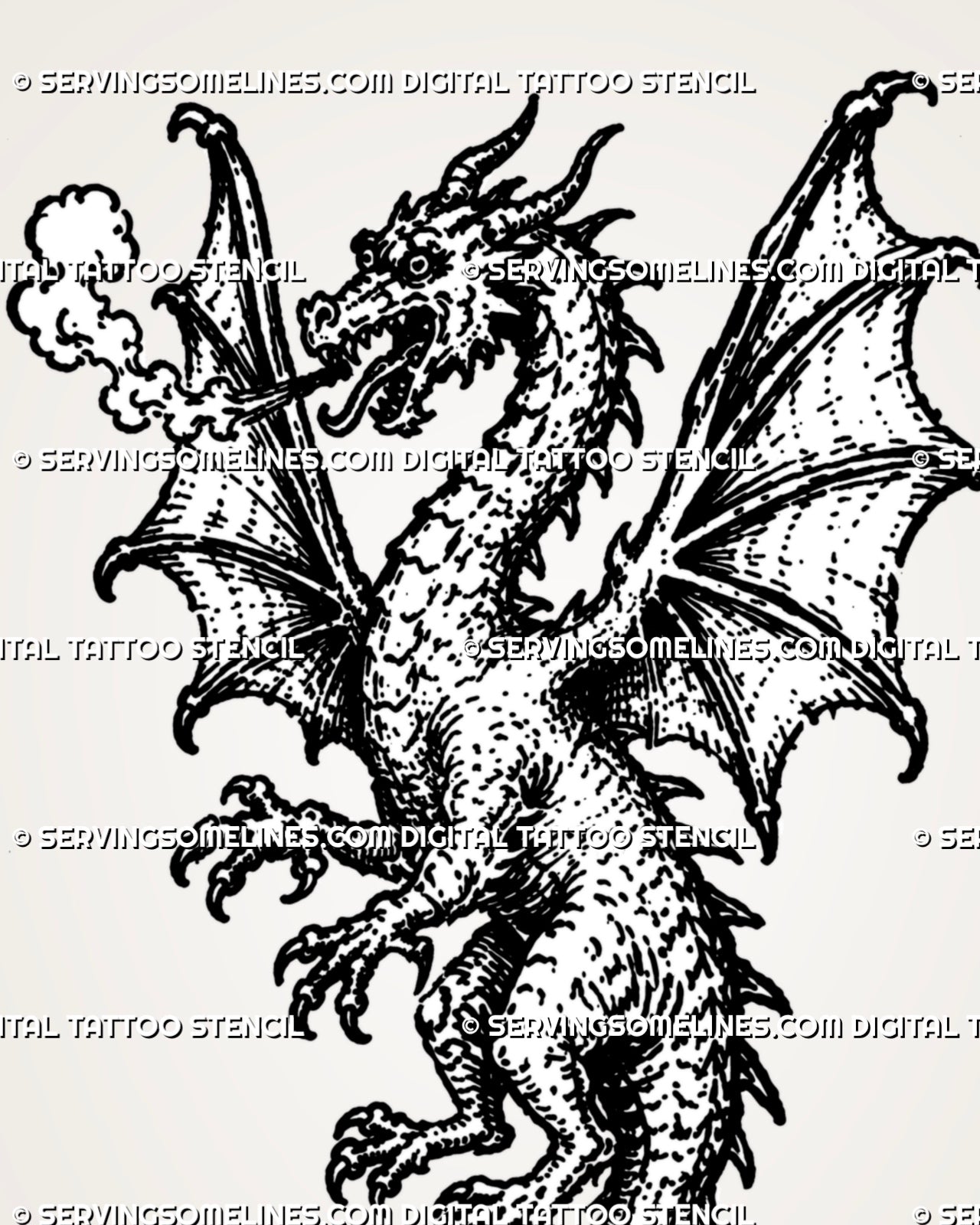 Close view of medieval dragon tattoo stencil showing horned dragon head, open mouth, smoke breath, wing texture, claws, and woodcut-style linework