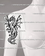 Medieval dragon tattoo stencil shown on female front upper arm with winged dragon, open mouth, smoke detail, sharp claws, and curled tail