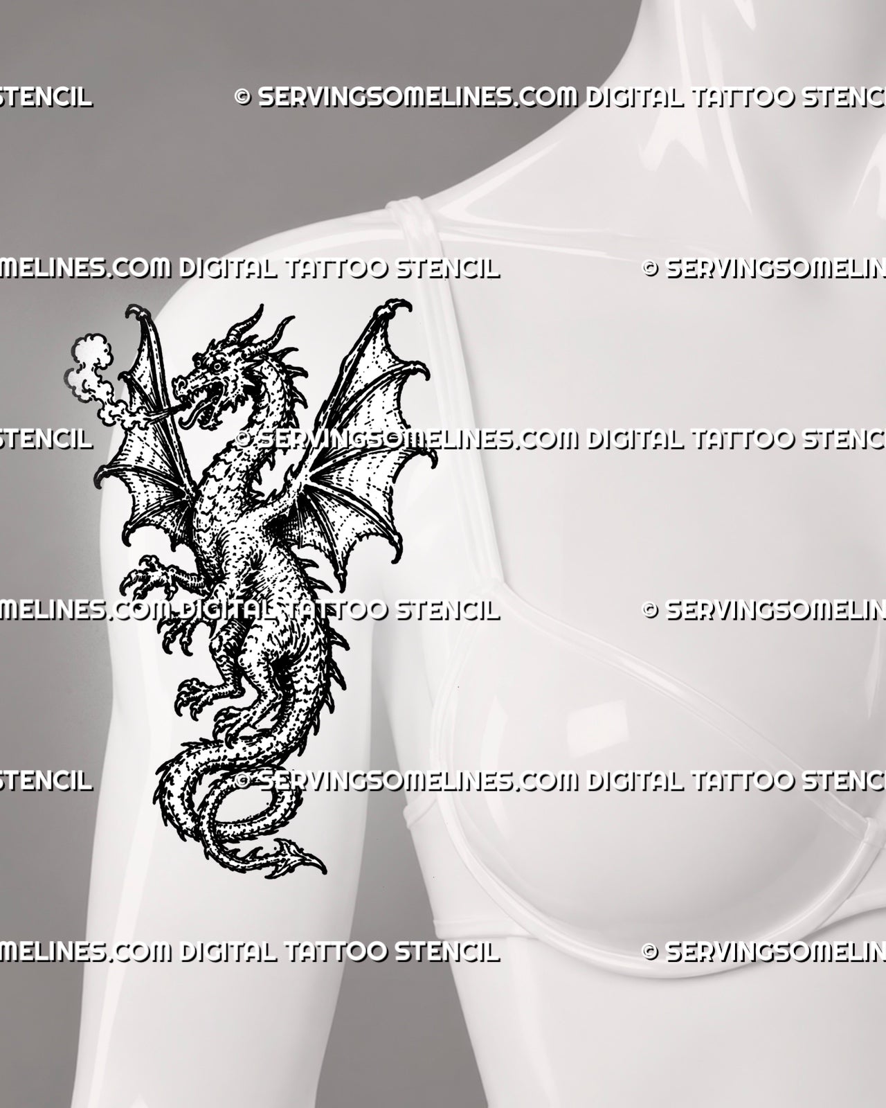 Medieval dragon tattoo stencil shown on female front upper arm with winged dragon, open mouth, smoke detail, sharp claws, and curled tail