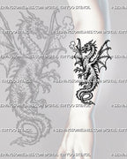 Medieval dragon tattoo stencil shown on forearm with winged dragon, horned head, smoke breath, sharp claws, and curled tail detail