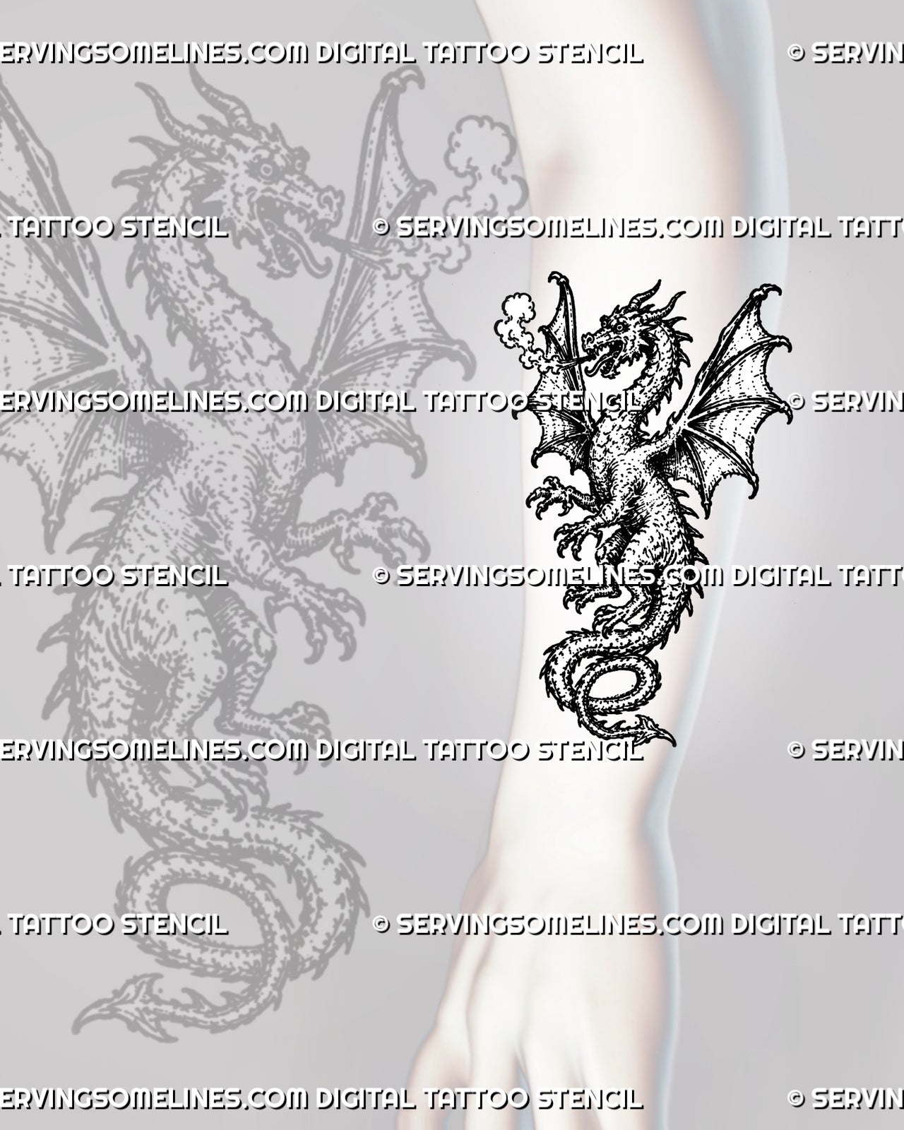 Medieval dragon tattoo stencil shown on forearm with winged dragon, horned head, smoke breath, sharp claws, and curled tail detail