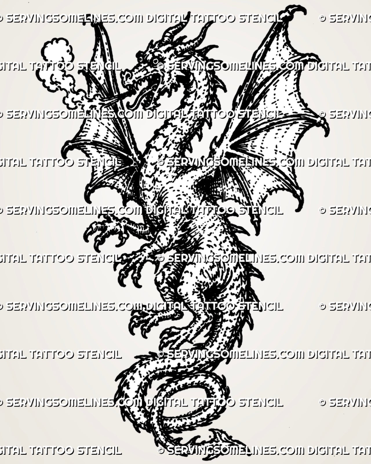 Medieval dragon tattoo stencil with full-body winged dragon, horned head, open mouth, smoke breath, sharp claws, spiked back, and curled tail
