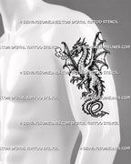 Medieval dragon tattoo stencil shown on men’s arm with full-body dragon, spread wings, open mouth, claws, smoke breath, and fantasy linework