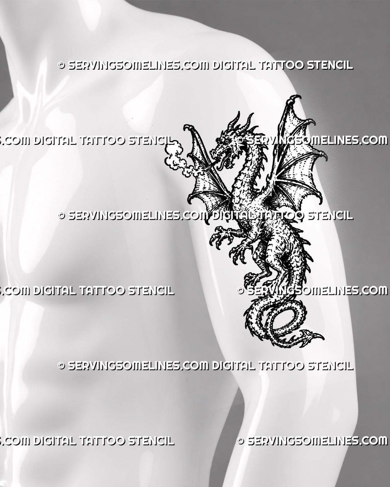 Medieval dragon tattoo stencil shown on men’s arm with full-body dragon, spread wings, open mouth, claws, smoke breath, and fantasy linework