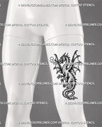 Medieval dragon tattoo stencil shown on men’s thigh with full-body winged dragon, spiked back, smoke breath, claws, and long curled tail