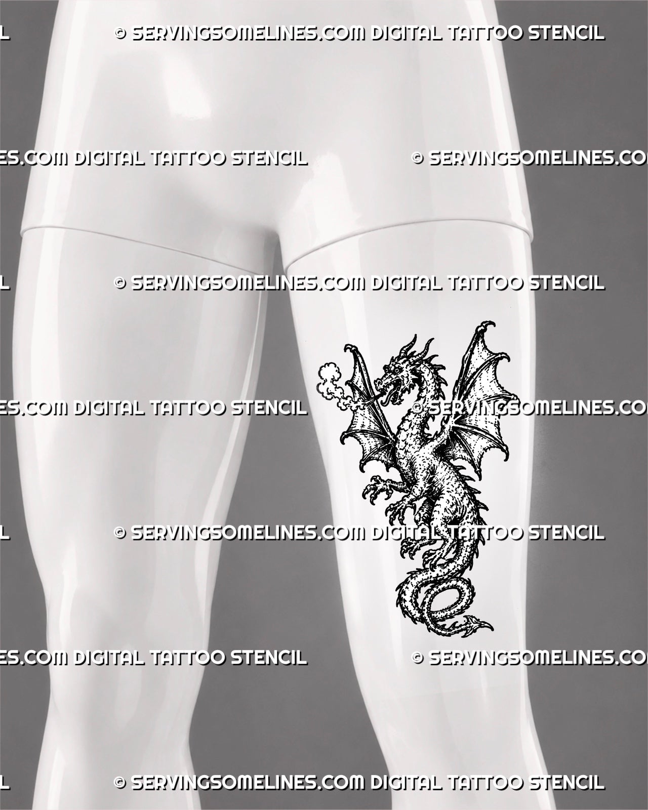 Medieval dragon tattoo stencil shown on men’s thigh with full-body winged dragon, spiked back, smoke breath, claws, and long curled tail