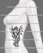 Medieval dragon tattoo stencil shown on women’s side with full-body winged dragon, horned head, smoke breath, claws, and twisting tail shape