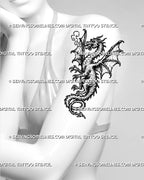 Medieval dragon tattoo stencil shown on women’s upper arm with winged dragon, horns, open mouth, smoke breath, claws, and dark fantasy detail