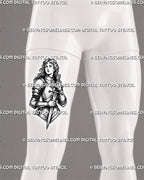 Medieval female knight tattoo stencil shown on men’s thigh with armor detail, sword held close, warrior portrait, and blackwork-style shading