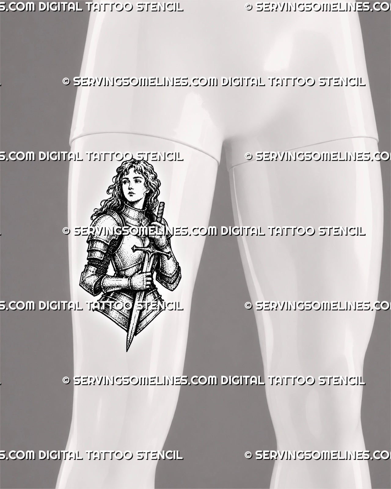 Medieval female knight tattoo stencil shown on men’s thigh with armor detail, sword held close, warrior portrait, and blackwork-style shading