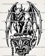 Close design view of medieval gargoyle tattoo stencil showing horned face, bat-like wings, sharp claws, long tail, gothic ornament base, and chain detail