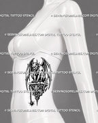 Medieval gargoyle tattoo stencil shown on female side with winged creature, horns, claws, long tail, gothic stone base, and dark fantasy tattoo composition
