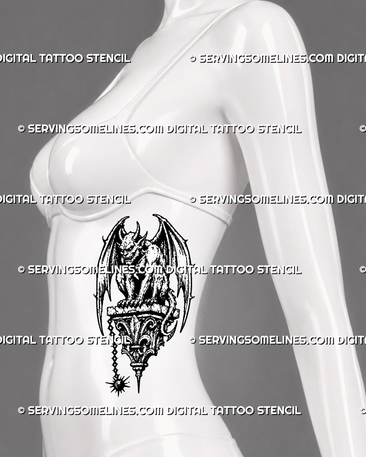 Medieval gargoyle tattoo stencil shown on female side with winged creature, horns, claws, long tail, gothic stone base, and dark fantasy tattoo composition