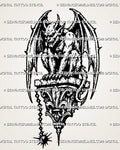Medieval gargoyle tattoo stencil with crouching winged gargoyle, horns, claws, long tail, gothic stone base, chain detail, and dark fantasy linework