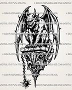 Medieval gargoyle tattoo stencil with crouching winged gargoyle, horns, claws, long tail, gothic stone base, chain detail, and dark fantasy linework