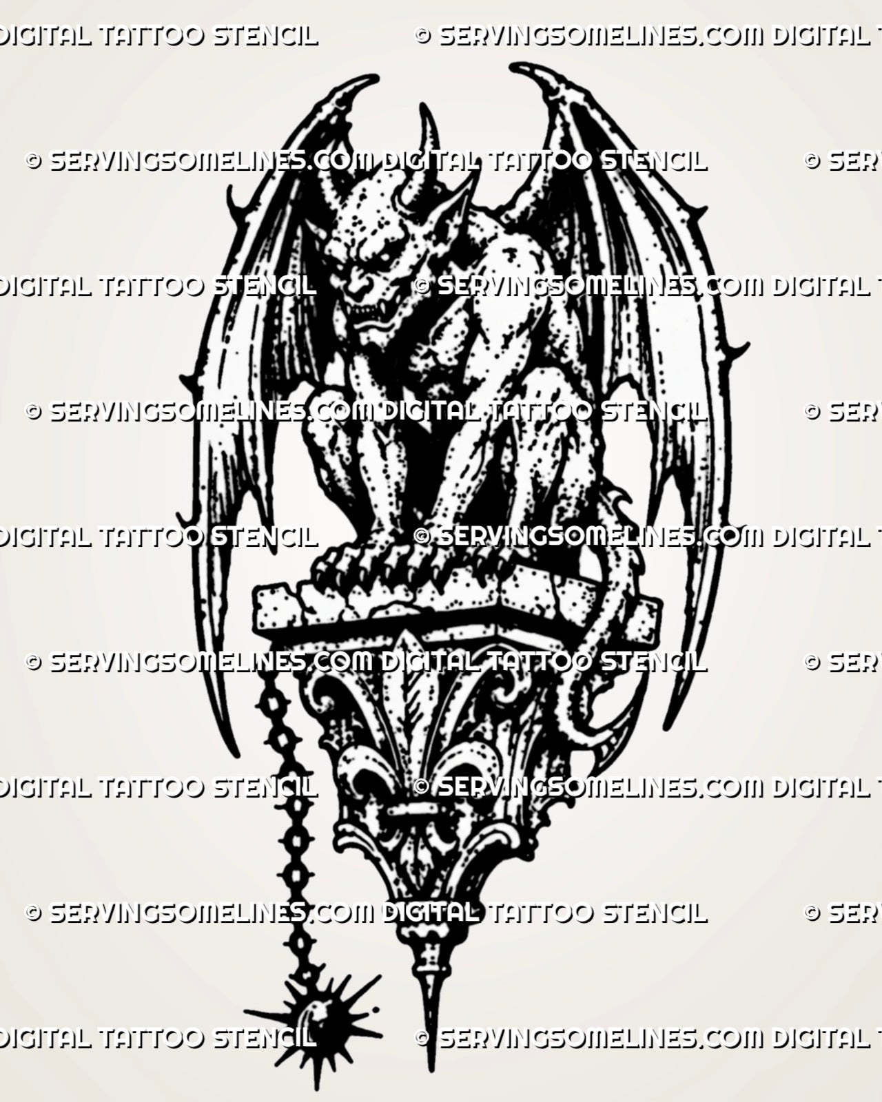 Medieval gargoyle tattoo stencil with crouching winged gargoyle, horns, claws, long tail, gothic stone base, chain detail, and dark fantasy linework