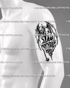 Medieval gargoyle tattoo stencil shown on men’s arm with winged horned creature, sharp claws, gothic stone base, chain accent, and dark fantasy detail