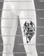 Medieval gargoyle tattoo stencil shown on thigh with crouching winged creature, gothic stone base, fleur-de-lis ornament, claws, tail, and dark fantasy style