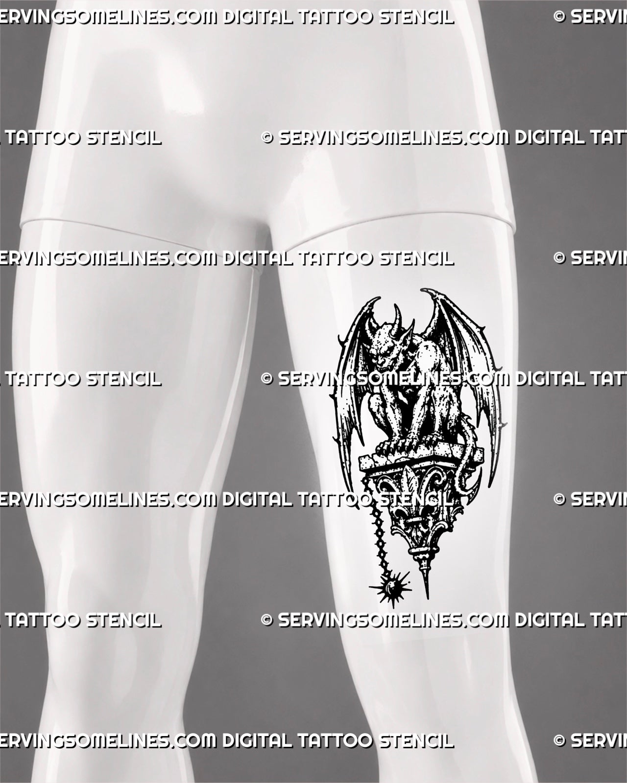Medieval gargoyle tattoo stencil shown on thigh with crouching winged creature, gothic stone base, fleur-de-lis ornament, claws, tail, and dark fantasy style