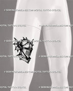 Medieval helmet tattoo stencil shown on men’s thigh with knight armor detail, sharp visor, wing-like side shapes, rivets, and dark old-world warrior design