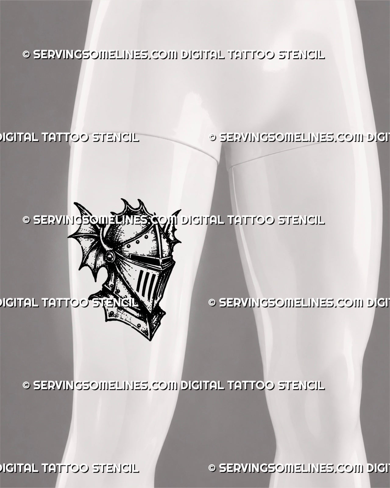 Medieval helmet tattoo stencil shown on men’s thigh with knight armor detail, sharp visor, wing-like side shapes, rivets, and dark old-world warrior design