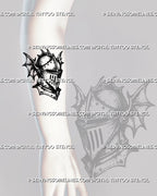 Medieval knight helmet tattoo stencil shown on forearm with gothic armor shape, closed visor, rivets, pointed lower detail, and compact warrior tattoo layout