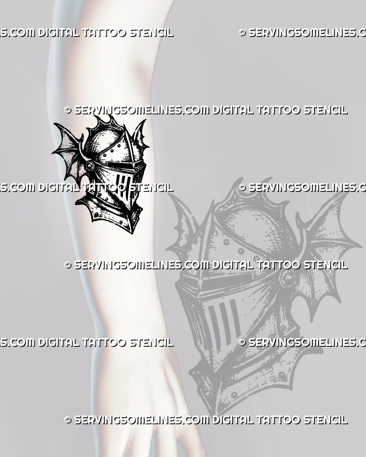 Medieval knight helmet tattoo stencil shown on forearm with gothic armor shape, closed visor, rivets, pointed lower detail, and compact warrior tattoo layout