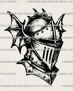 Medieval knight helmet tattoo stencil with closed visor, riveted armor plates, pointed gothic shape, wing-like side details, and dark old-world armor detail