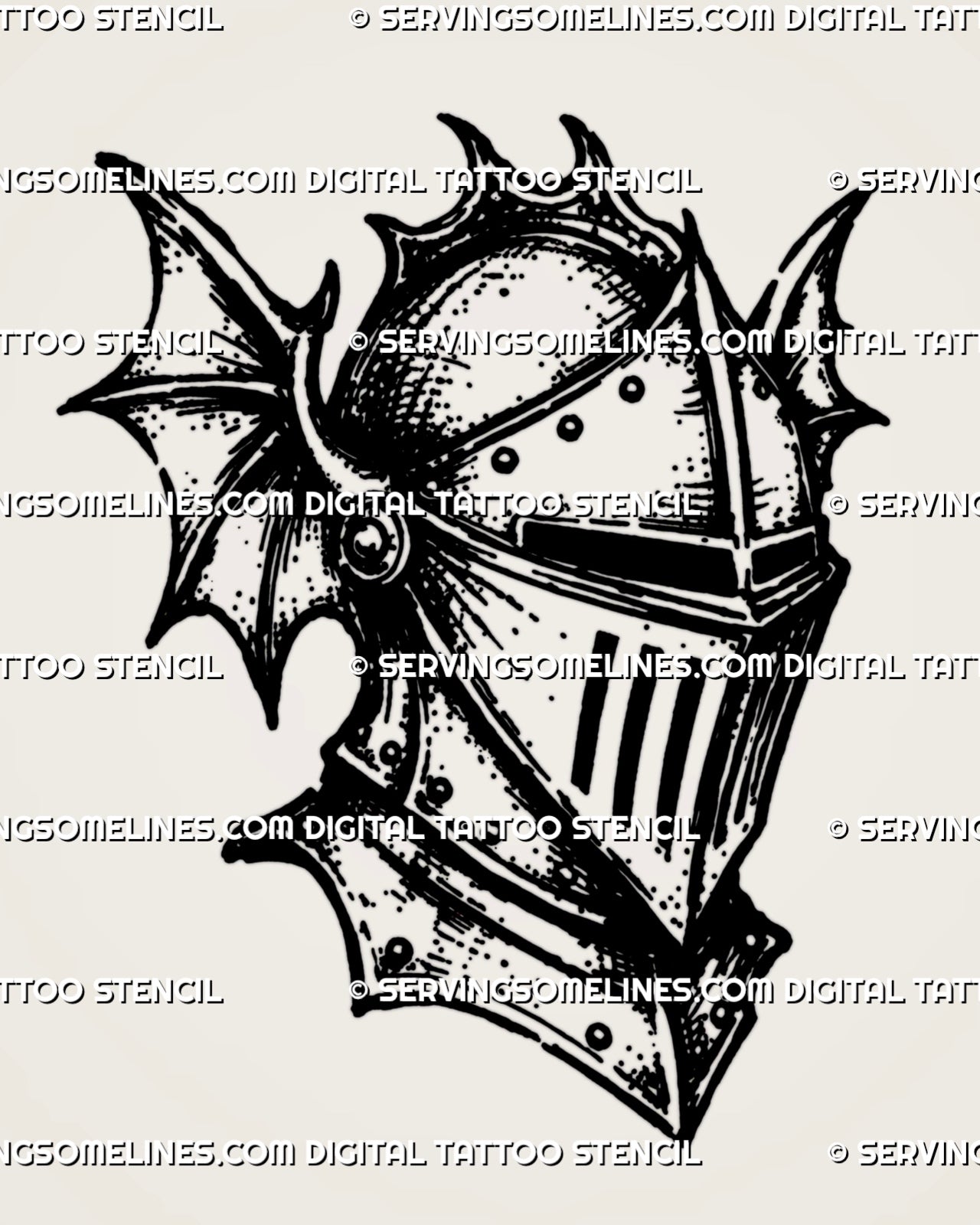 Medieval knight helmet tattoo stencil with closed visor, riveted armor plates, pointed gothic shape, wing-like side details, and dark old-world armor detail