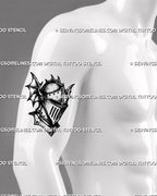 Medieval knight helmet tattoo stencil shown on men’s arm with closed visor, armor plates, rivets, gothic shaping, and strong knight tattoo for men style