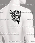 Medieval knight helmet tattoo stencil shown on men’s shoulder blade with closed visor, gothic armor plates, riveted detail, and strong medieval tattoo for men design