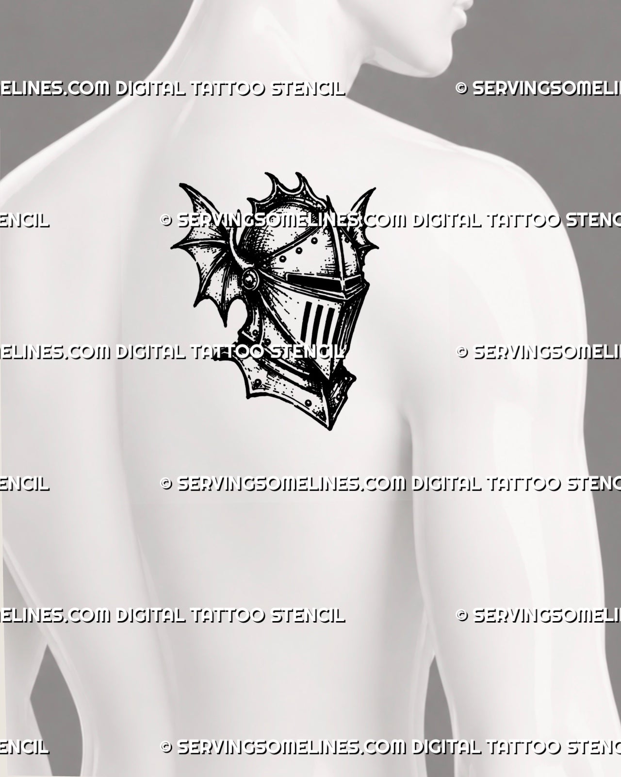 Medieval knight helmet tattoo stencil shown on men’s shoulder blade with closed visor, gothic armor plates, riveted detail, and strong medieval tattoo for men design