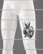 Medieval knight tattoo stencil shown on men’s thigh with sword and shield, enclosed horned helmet, layered armor, spiked pauldrons, and dark fantasy warrior detail