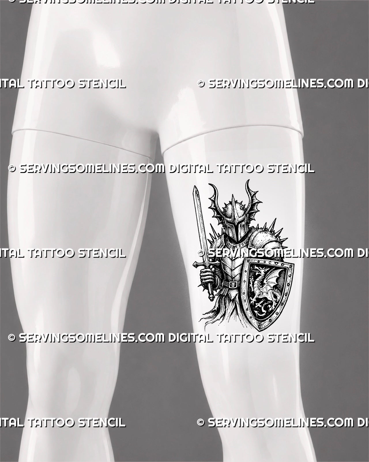 Medieval knight tattoo stencil shown on men’s thigh with sword and shield, enclosed horned helmet, layered armor, spiked pauldrons, and dark fantasy warrior detail