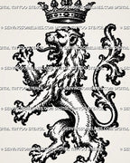 Close view of medieval lion tattoo stencil showing open mouth, flowing mane, raised claws, crown detail, dotted texture, and gothic woodcut linework