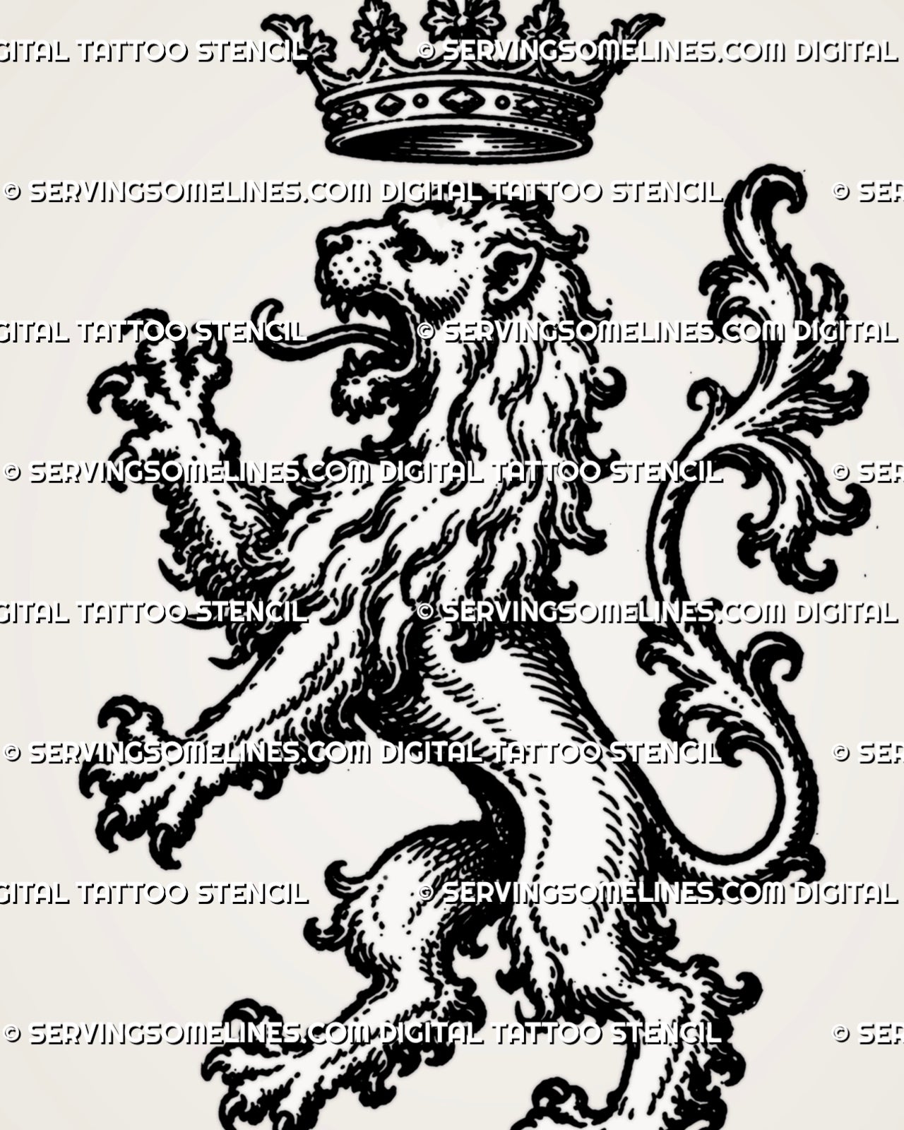 Close view of medieval lion tattoo stencil showing open mouth, flowing mane, raised claws, crown detail, dotted texture, and gothic woodcut linework