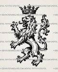 Medieval lion tattoo stencil with heraldic rampant lion, floating crown, open mouth, raised claws, curled ornamental tail, and gothic woodcut-style linework