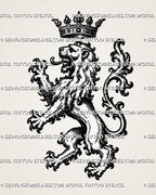 Medieval lion tattoo stencil with heraldic rampant lion, floating crown, open mouth, raised claws, curled ornamental tail, and gothic woodcut-style linework