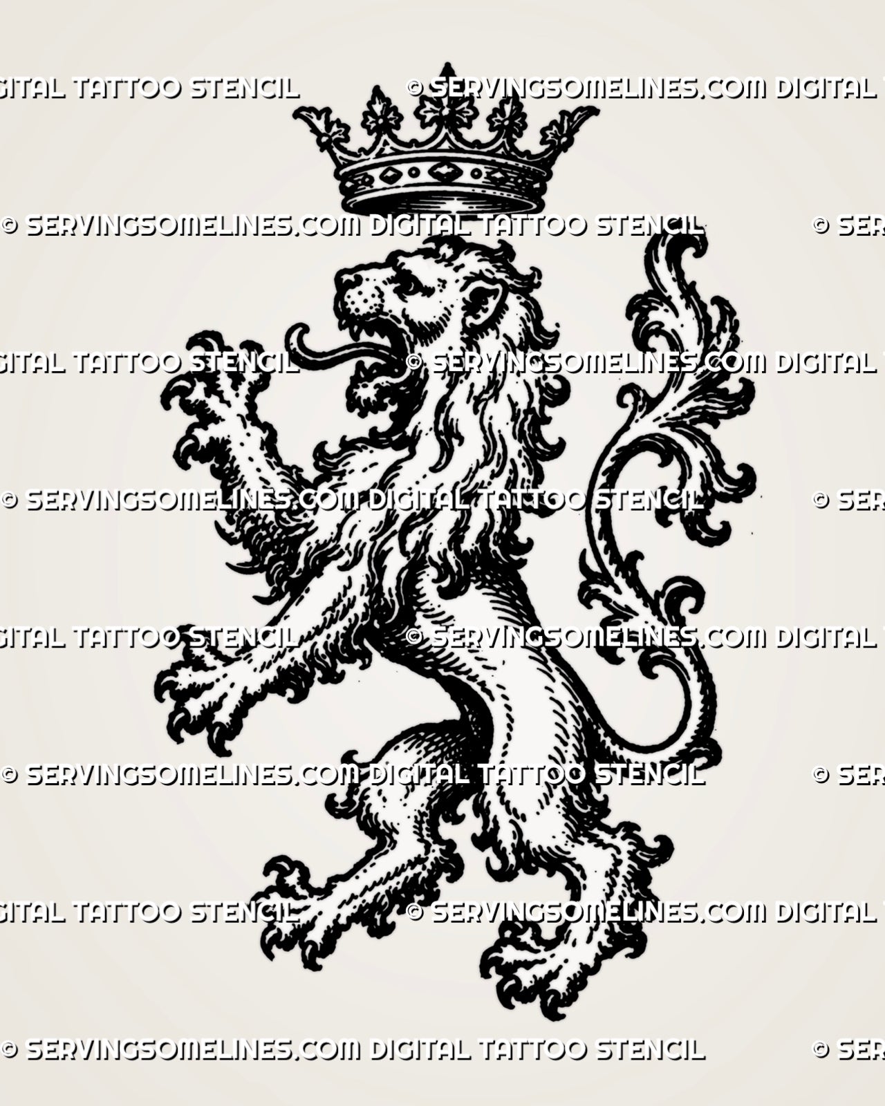 Medieval lion tattoo stencil with heraldic rampant lion, floating crown, open mouth, raised claws, curled ornamental tail, and gothic woodcut-style linework
