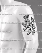Medieval lion tattoo stencil shown on men’s arm with crowned heraldic lion, raised claws, flowing mane, ornamental tail, and strong lion tattoo for men style