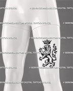 Medieval lion tattoo stencil shown on men’s thigh with crowned rampant lion, open mouth, raised claws, flowing mane, and bold heraldic tattoo for men design